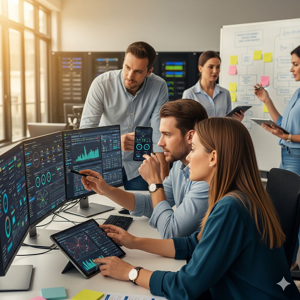 Equipo analizando dashboards e infraestructura móvil